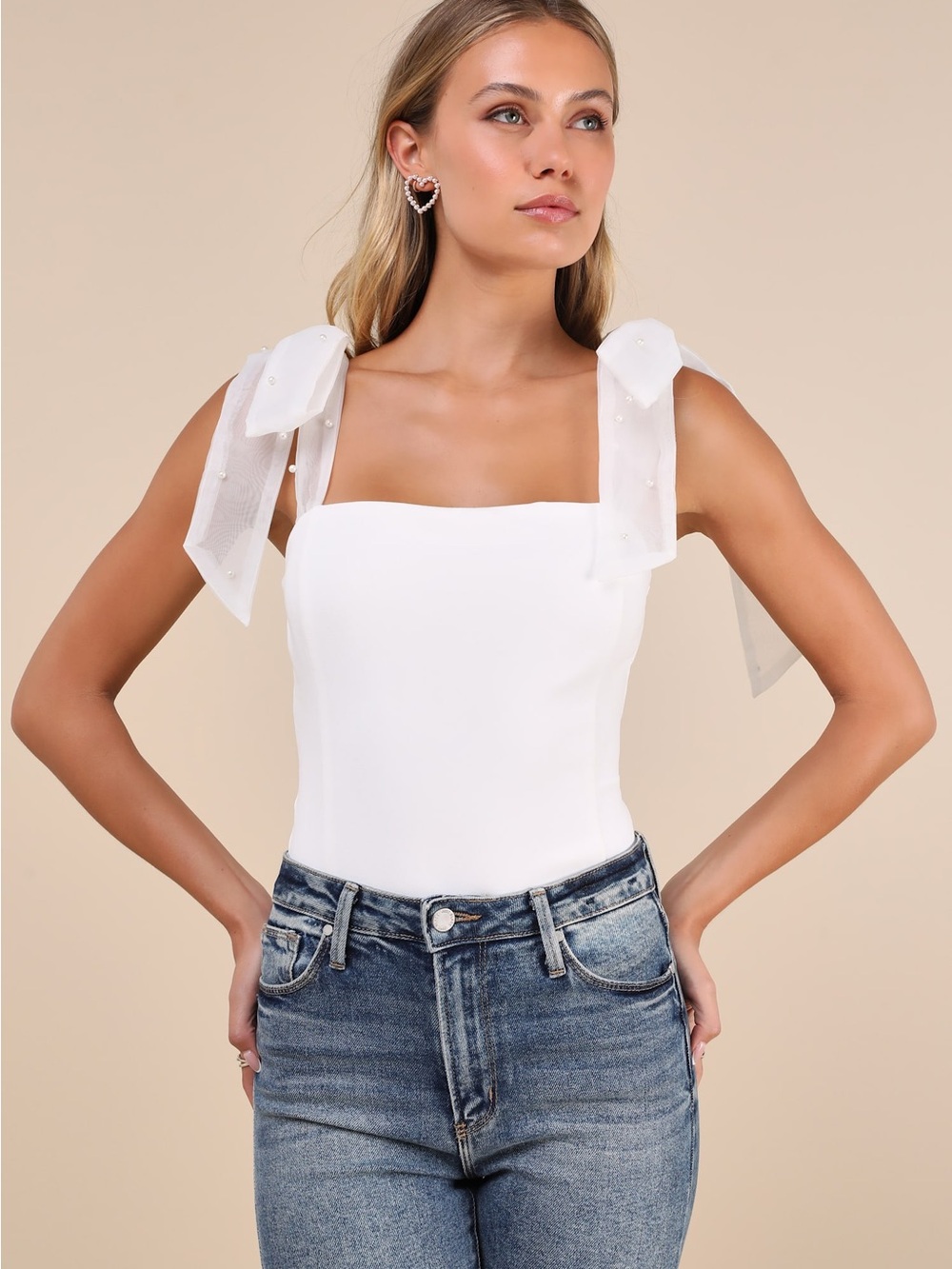 Lulu's White Square Neck Bow Strap Bodysuit